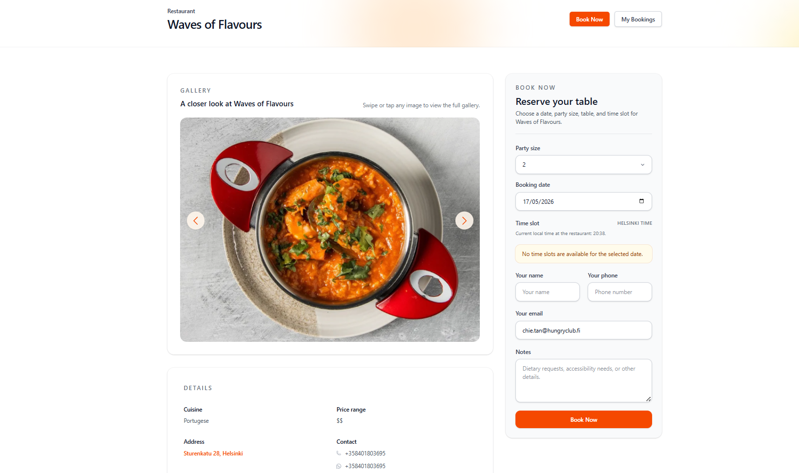 Waves of Flavours restaurant detail page on tablet